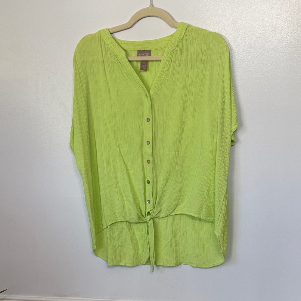 Chico’s Neon Green Mother of Pearl Lightweight Button-Down Shirt M